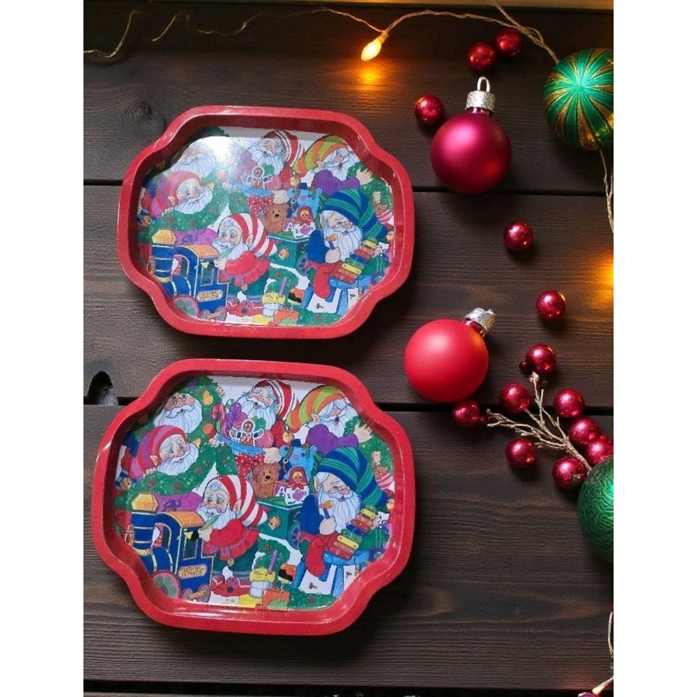 Lot Of 2 Christmas Snack Trays by Hartin Tin‎ Metal Gnomes Toy Factory VTG SZ S